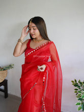 Mirror Border worked plain Red Pure Organza Saree